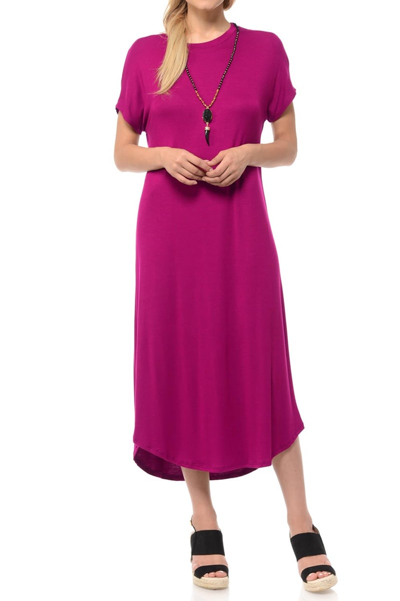 iconic luxe Women's Casual Loose-Fit Midi T-Shirt Dress â€“ Short Sleeve, Soft Stretchy Fabric, Lightweight Medium Magenta - Image 2
